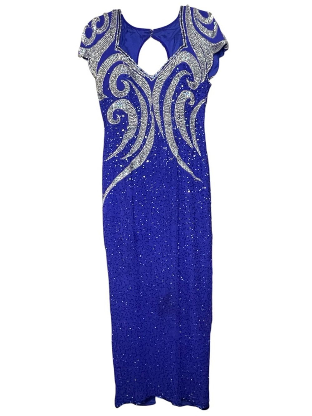 Vintage 90’s Elegant Royal Blue Sequin Evening Gown with Silver Accents Sz 14